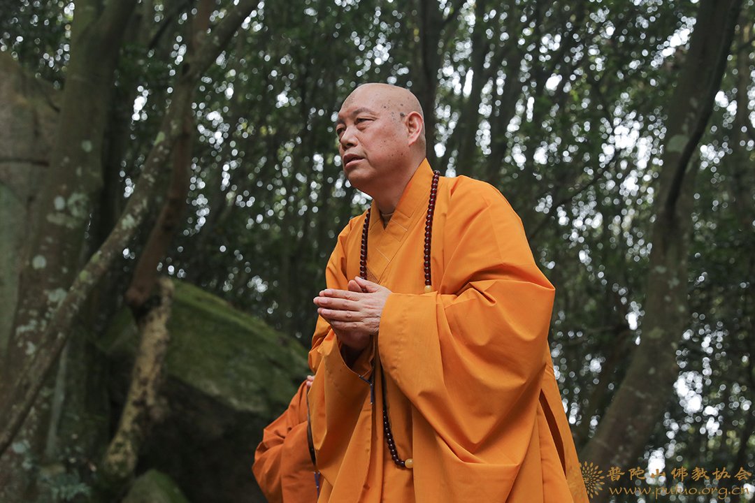 普陀山-普陀山三坛大戒得戒和尚上道下慈律师带领男众部众新戒三步一拜礼佛顶